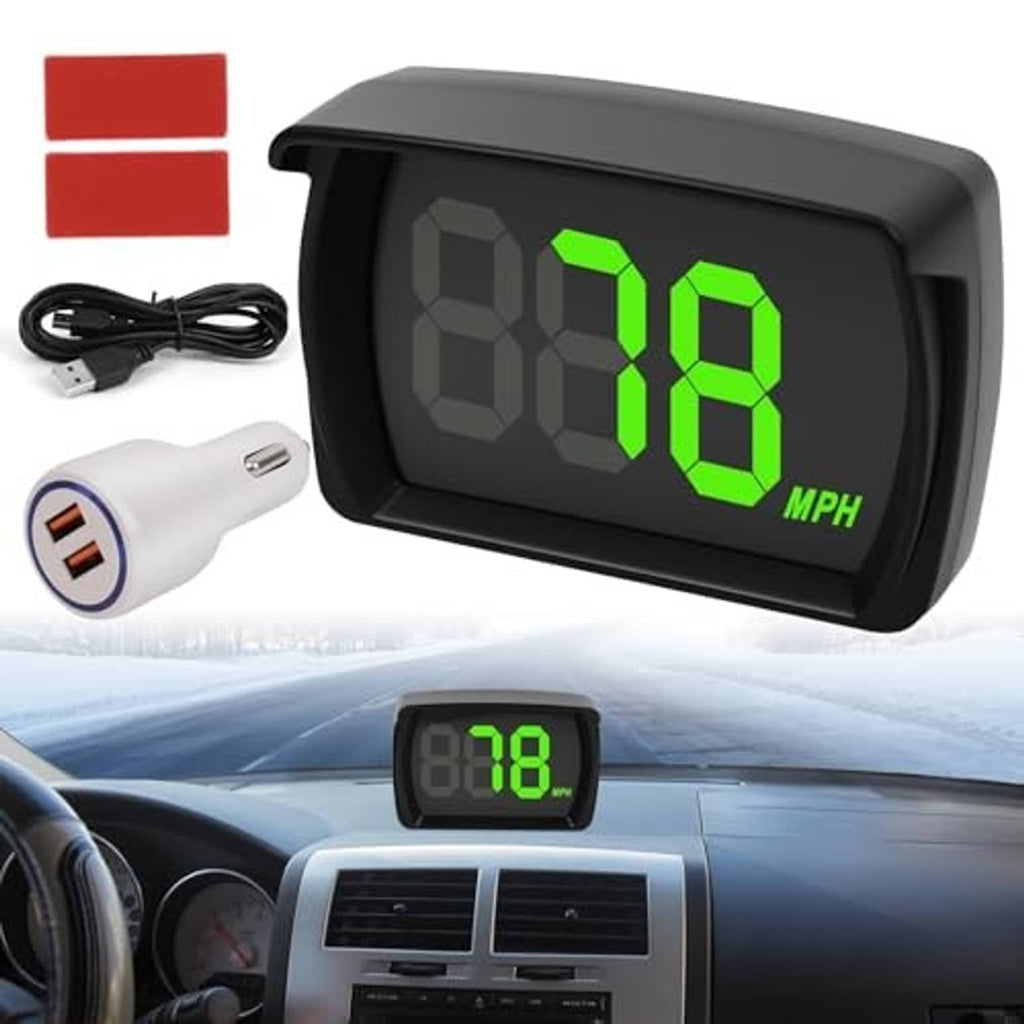 HUD speedometer with green 18 MPH digits, black casing, and white USB charger
