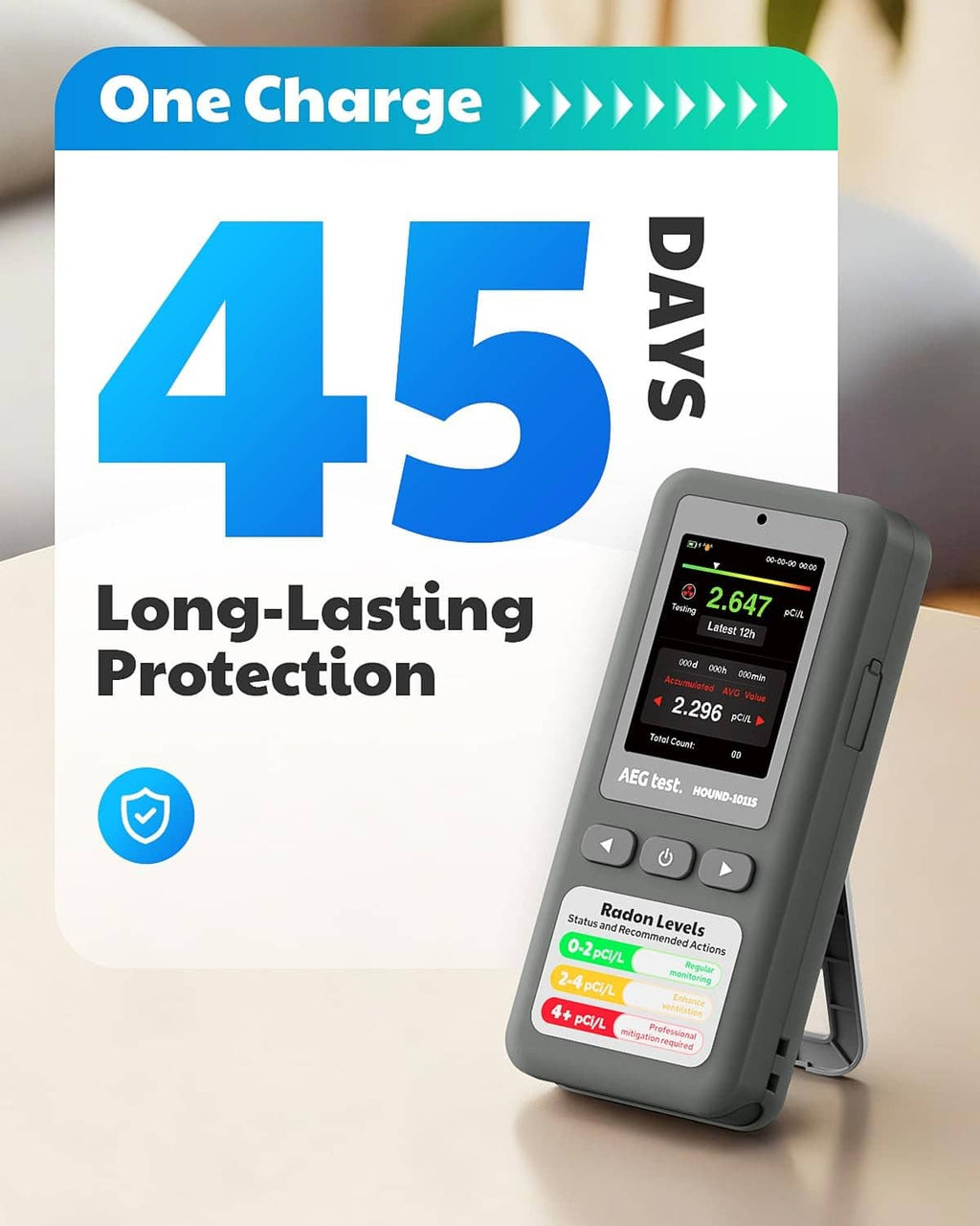 Grey radon detector with long-lasting 45-day protection callout and screen