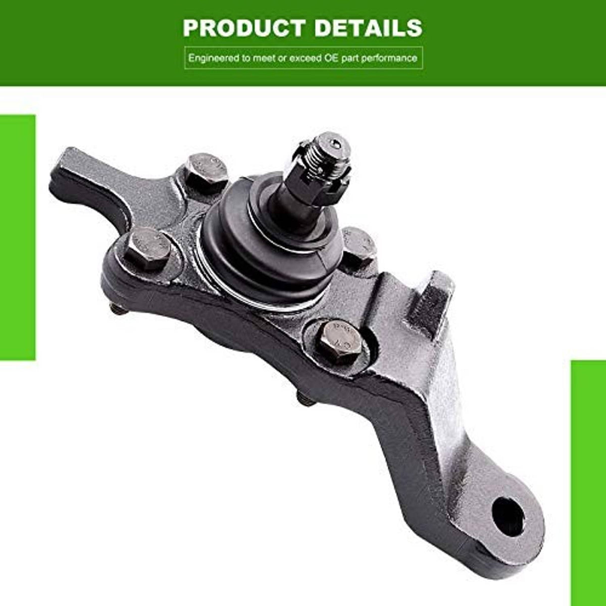 Front suspension lower ball joint with rubber boot and mounting holes, gray metal