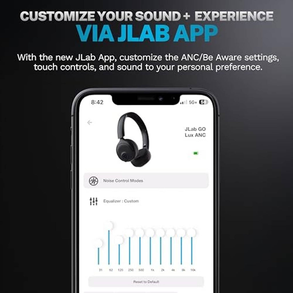 On-ear wireless headphones shown with app controls on a smartphone screen