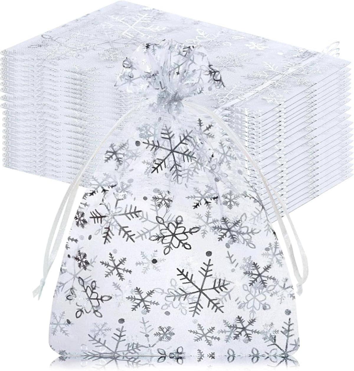 White organza drawstring gift bag set with silver snowflake print, 4x6 in