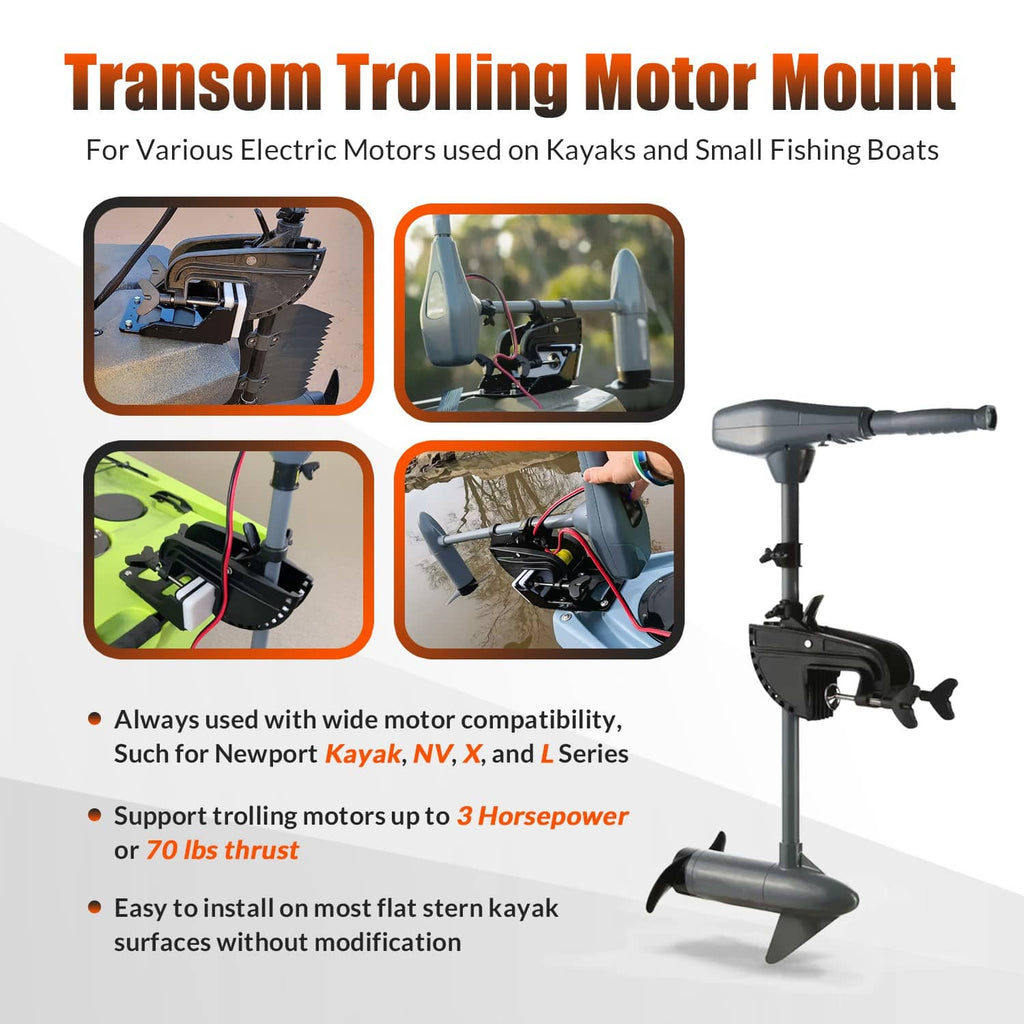 Black transom trolling motor mount for kayaks with base plate and rectangular openings