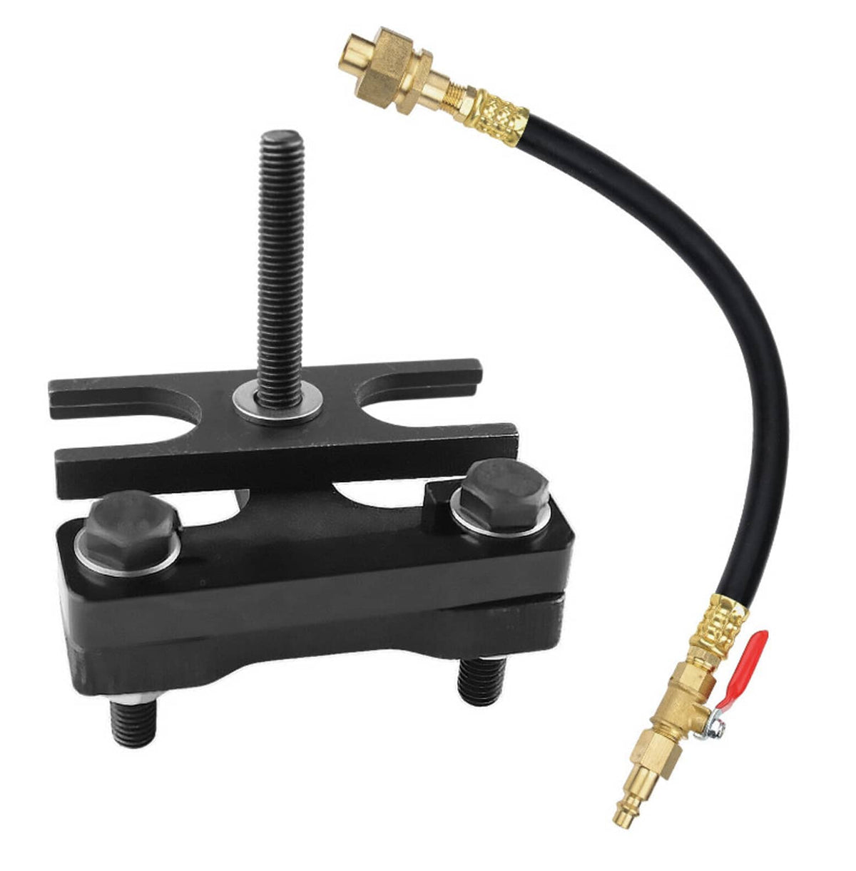 Engine valve spring compressor clamp with black base and brass air hose connectors