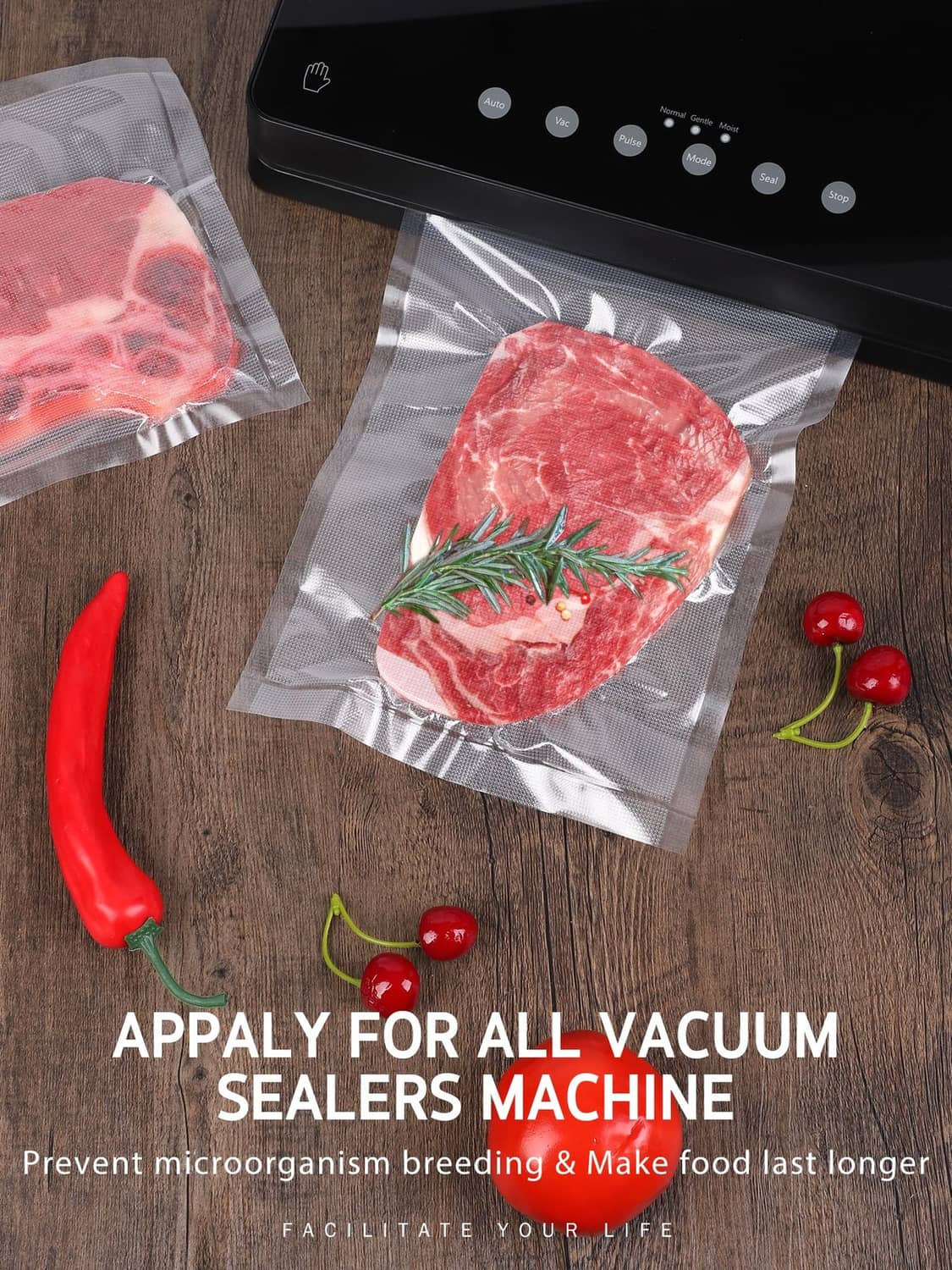 Vacuum-sealed steak and vegetables in clear bags, ready for freezer storage