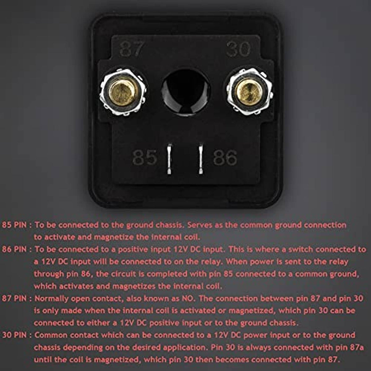 Hamolar 120A 12V DC relay face with three terminals and pin markings 85, 86, 87, 30