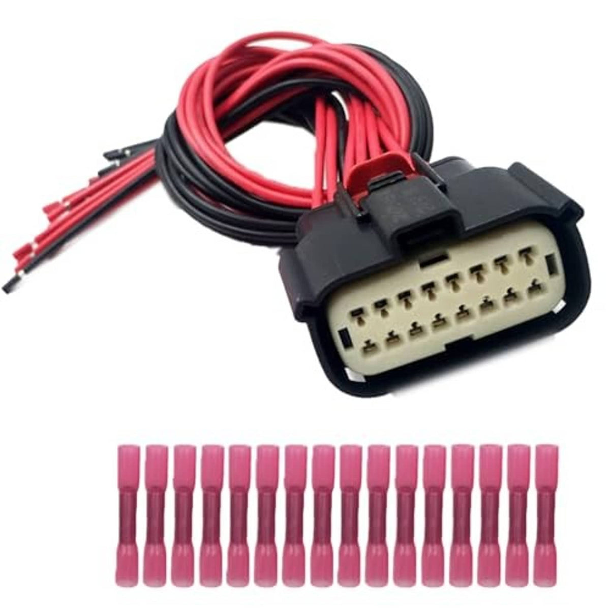 16-pin headlight connector harness with black plug, red/black wires, and pink terminal pins