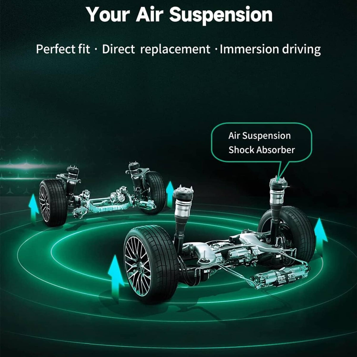 Air suspension system illustration featuring an air shock absorber near vehicle axles.
