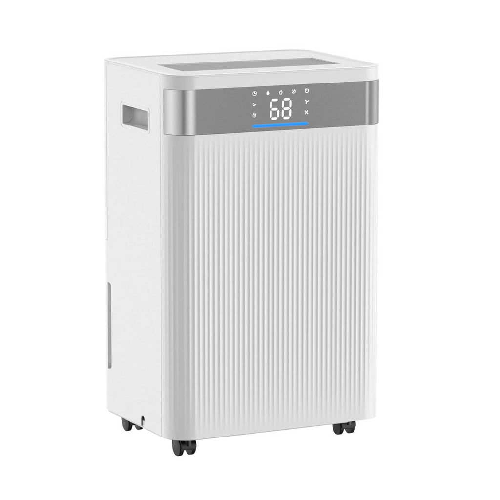 White portable dehumidifier with top LED display and front control panel