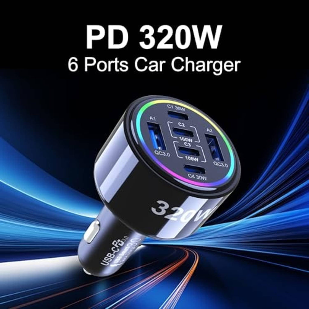 Black 320W 6-port USB-C car charger with glowing ring and visible port layout