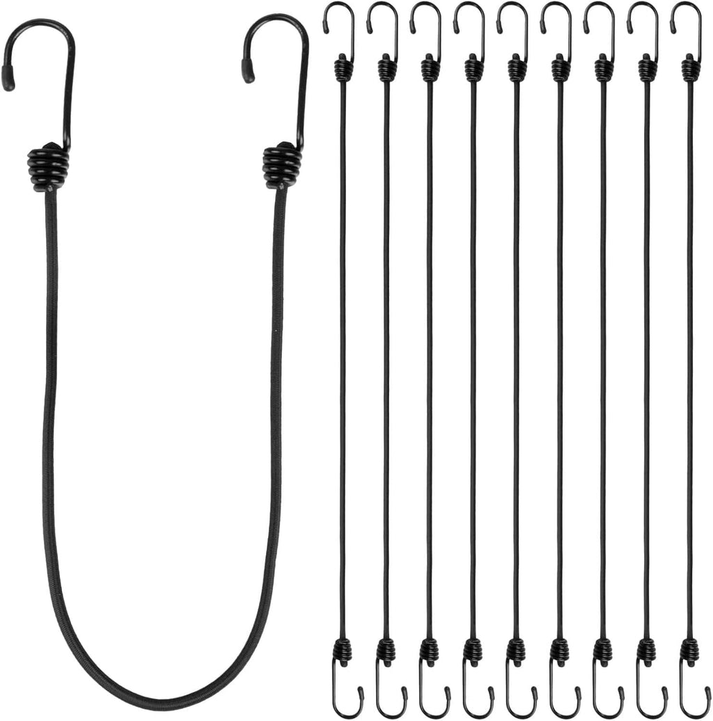 Black bungee cord set with elastic U-loop and metal hooks, bundled