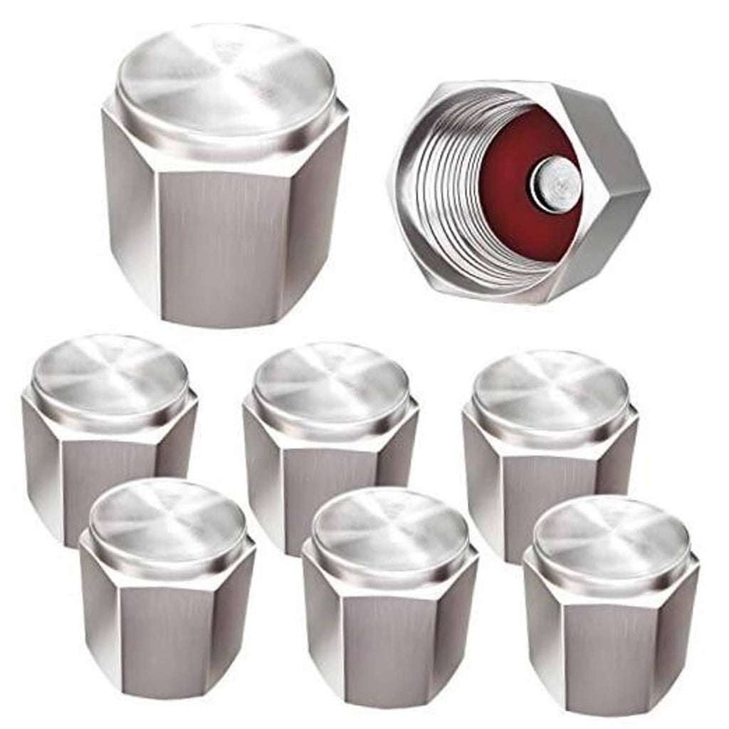 Silver metal tire valve caps set of multiple hex caps with red rubber-seal inserts.