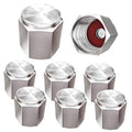Silver metal tire valve caps set of multiple hex caps with red rubber-seal inserts.