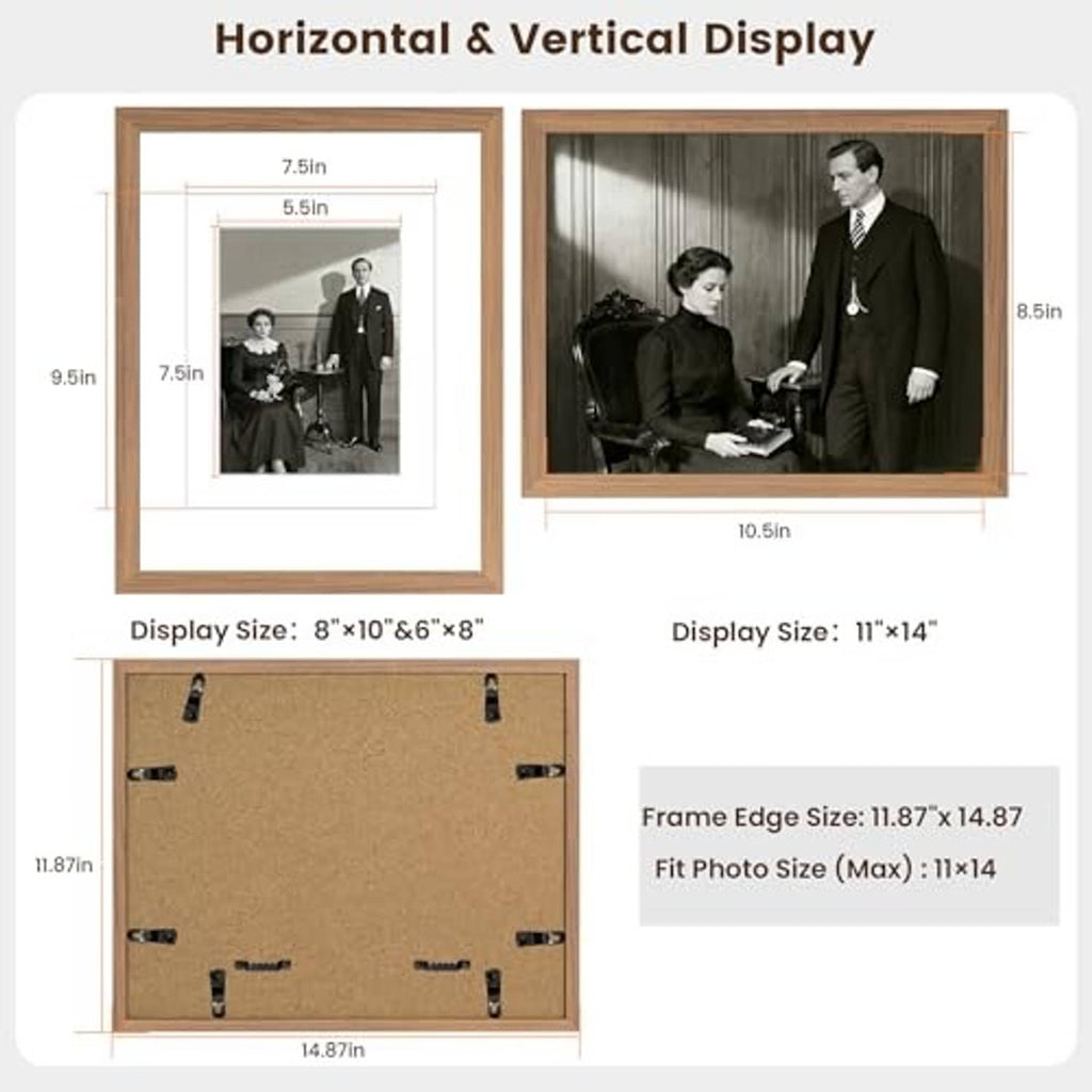 Walnut wood 11x14 picture frame with double mat and labeled dimensions.