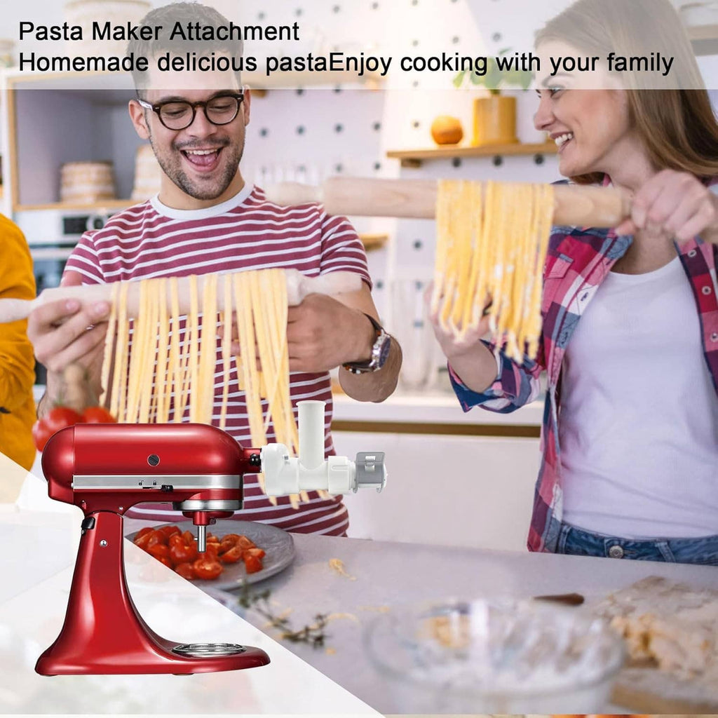 White pasta maker attachment producing long pasta strands with KitchenAid stand mixer