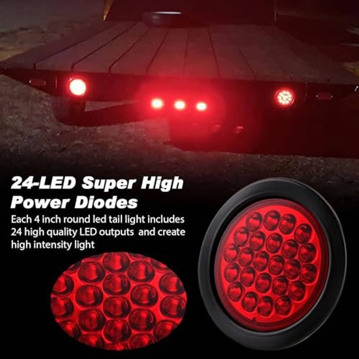 4-inch round red LED trailer tail light lit red