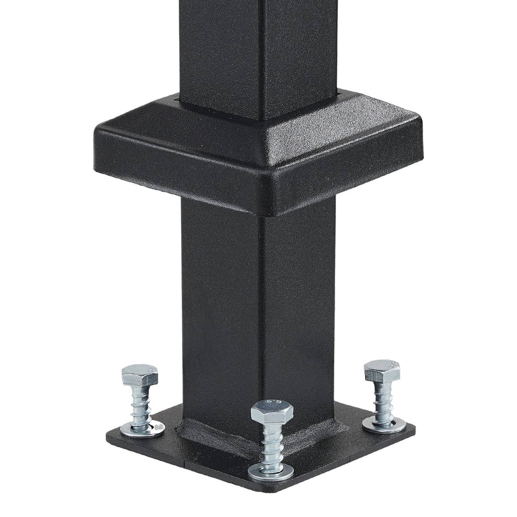 Black carbon steel handrail post base with mounting bolts