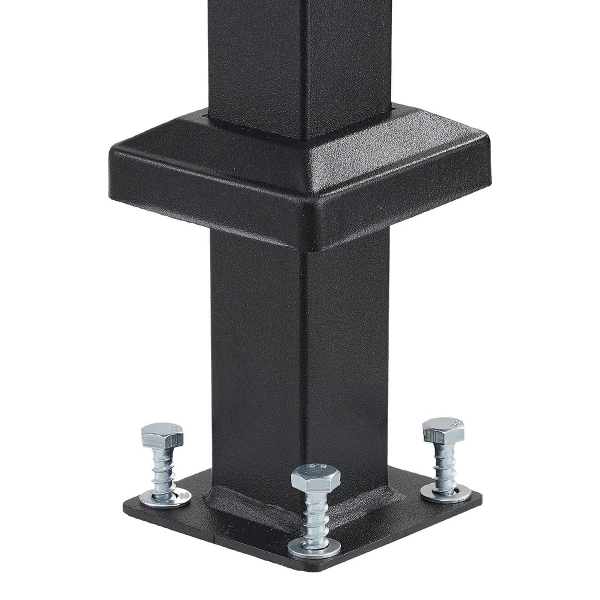 Black carbon steel handrail post base with mounting bolts