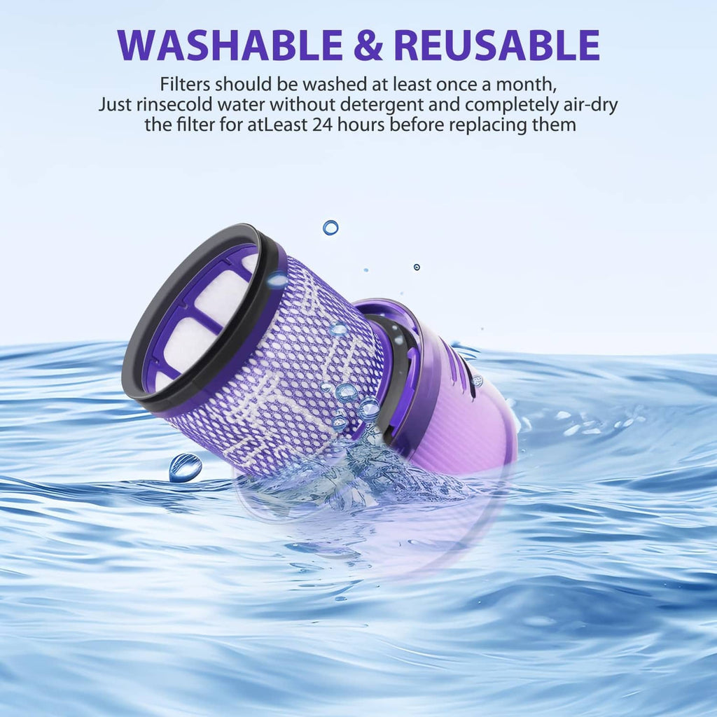 Washable purple vacuum filter cartridge with water rinse illustration