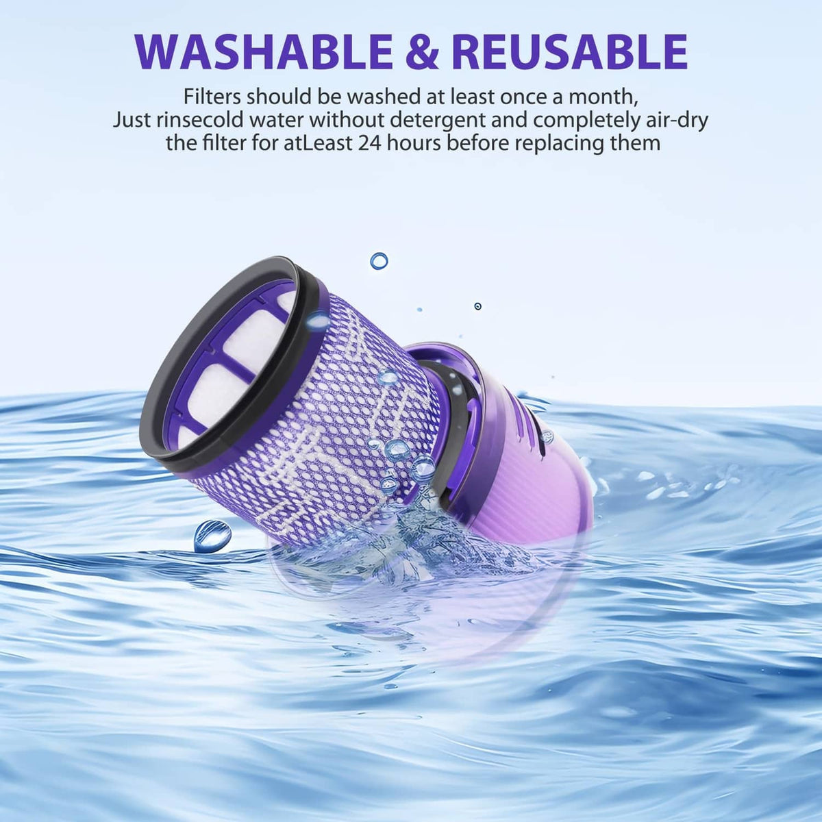 Washable purple vacuum filter cartridge with water rinse illustration