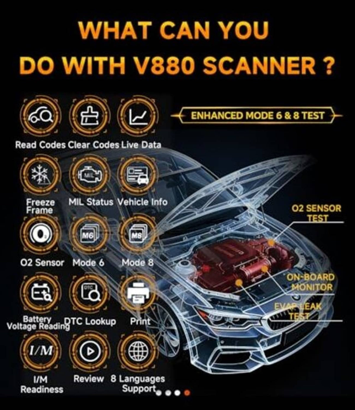 Orange V880 OBD2 scanner handheld with screen and controls, shown for vehicle code reading