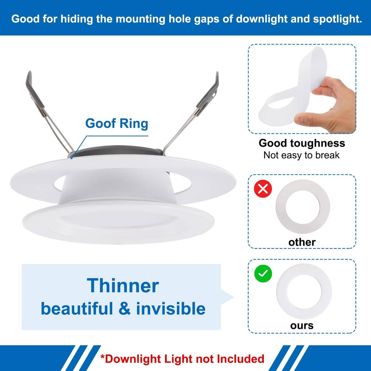 Slim translucent matte white plastic trim ring for hiding downlight mounting gaps