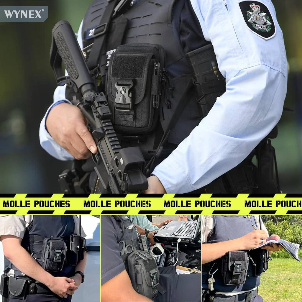 Black MOLLE phone pouch mounted on a tactical vest with carabiner and zipper pocket