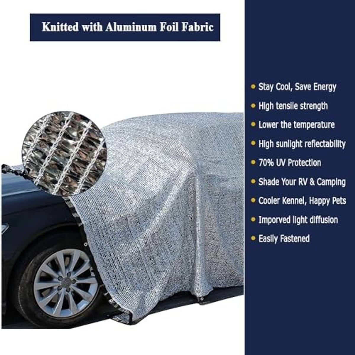 Reflective aluminum foil shade cover fitted over a car wheel area