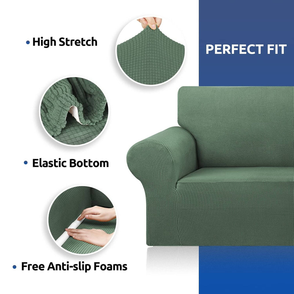 Greyish green loveseat slipcover with high-stretch fabric and elastic bottom