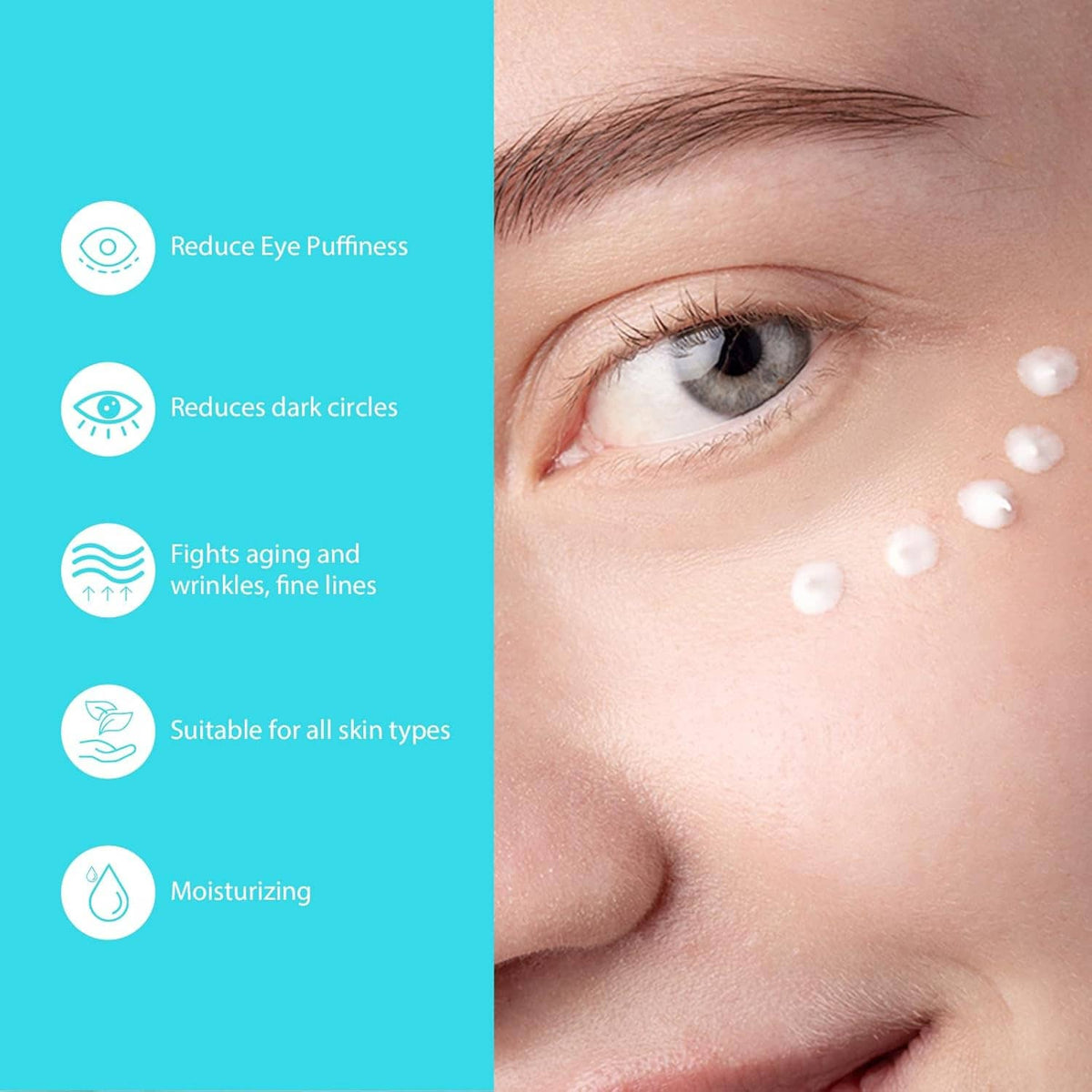 Retinol eye cream applied with small dots around a woman’s eye
