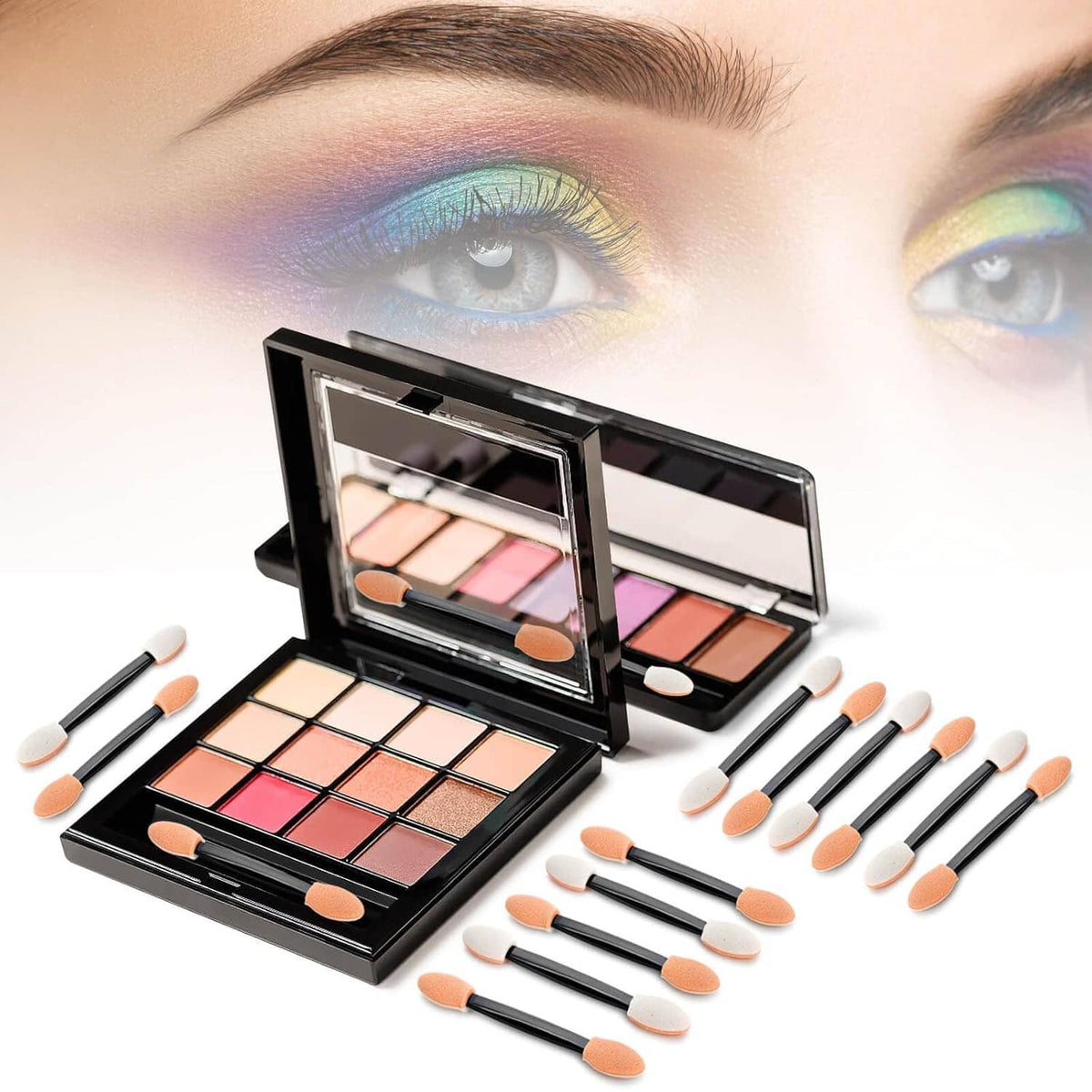Disposable eyeshadow brush set with black handles and orange/white foam sponge heads