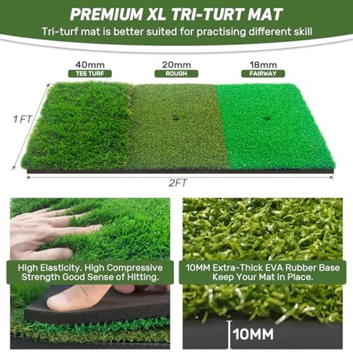 Tri-turf golf practice mat with three green zones and thick rubber base layer