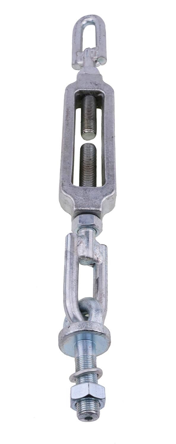 Turnbuckle stabilizer assembly with stacked threaded openings, lower hook and bolts, zinc-gray