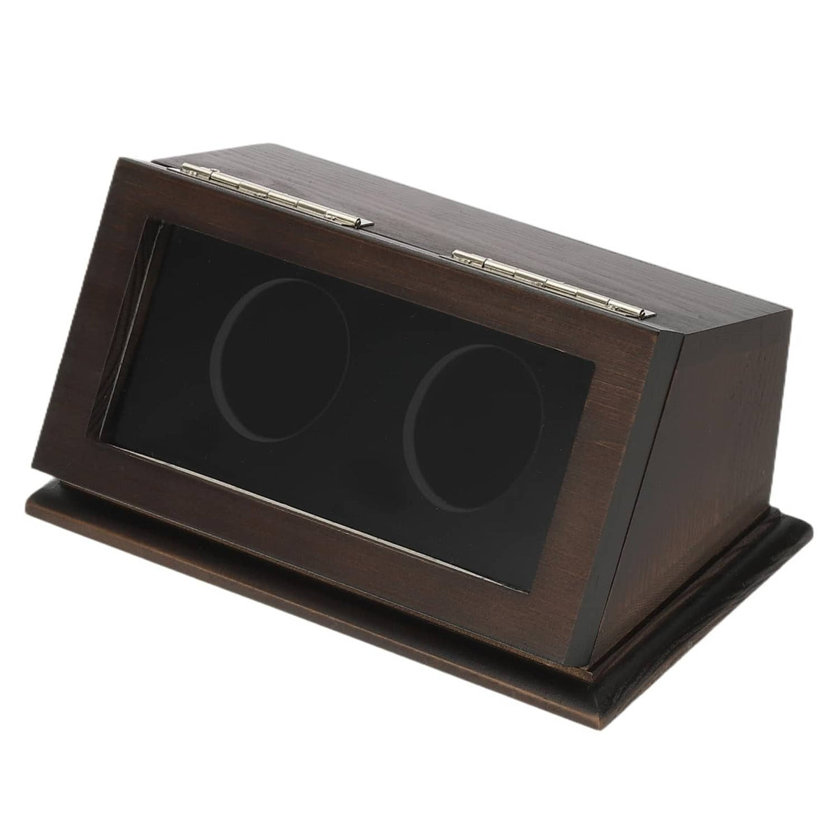 Dark brown open coin display case showing two circular slots in black insert