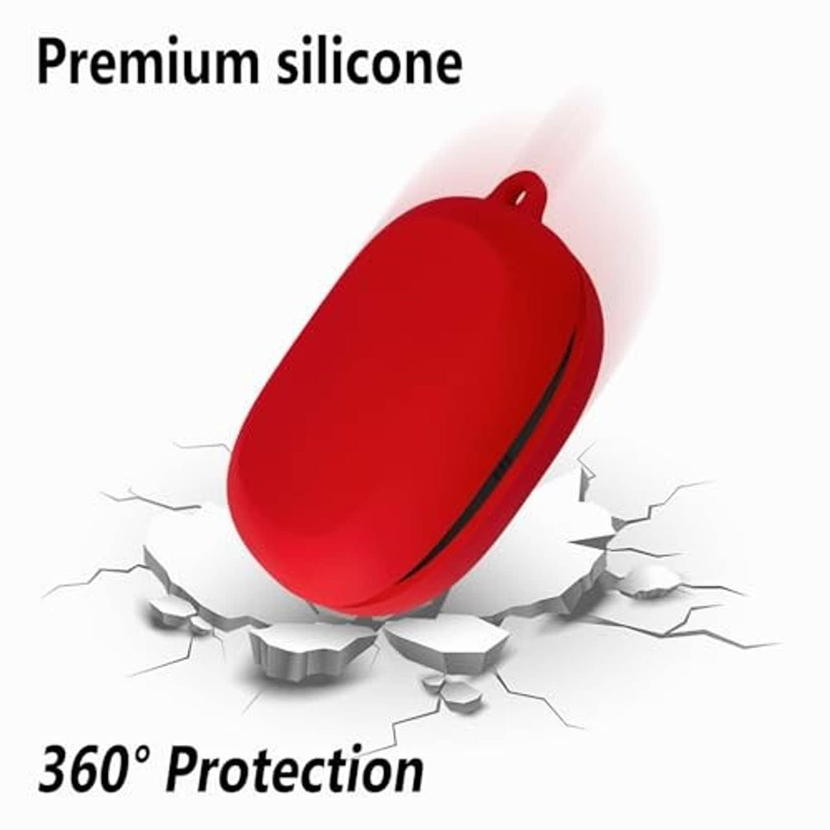 Red silicone earbud case shown with protective shield graphic