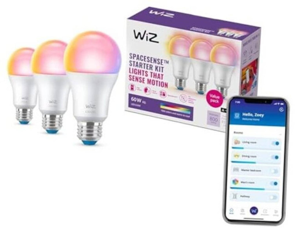 Three WiZ smart bulbs showing warm pink glow, silver screw bases