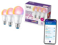 Three WiZ smart bulbs showing warm pink glow, silver screw bases