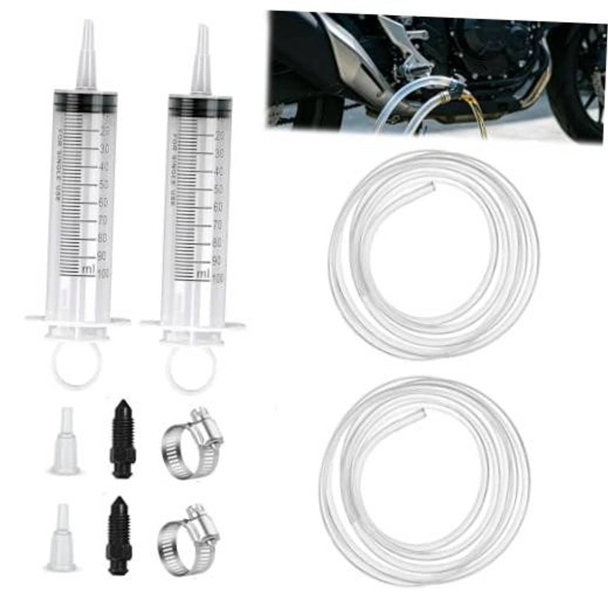 Hydraulic brake bleeding kit with two syringes, clear tubing, and bleed adapters.