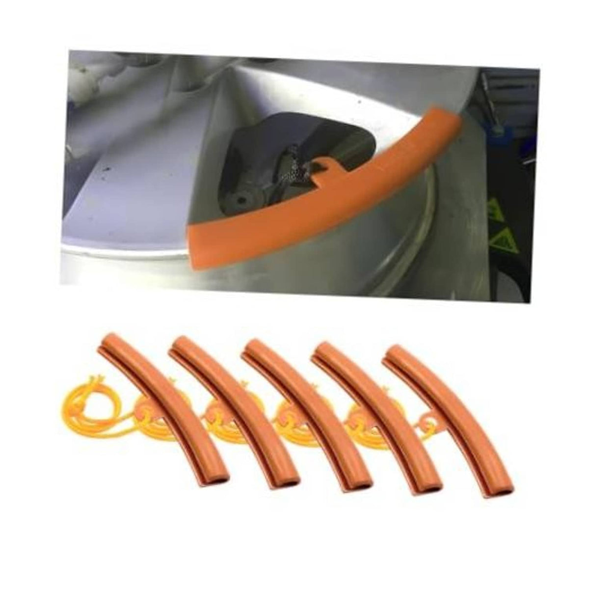 Orange curved rim protector strip for tire changing, with yellow cord and black tool.