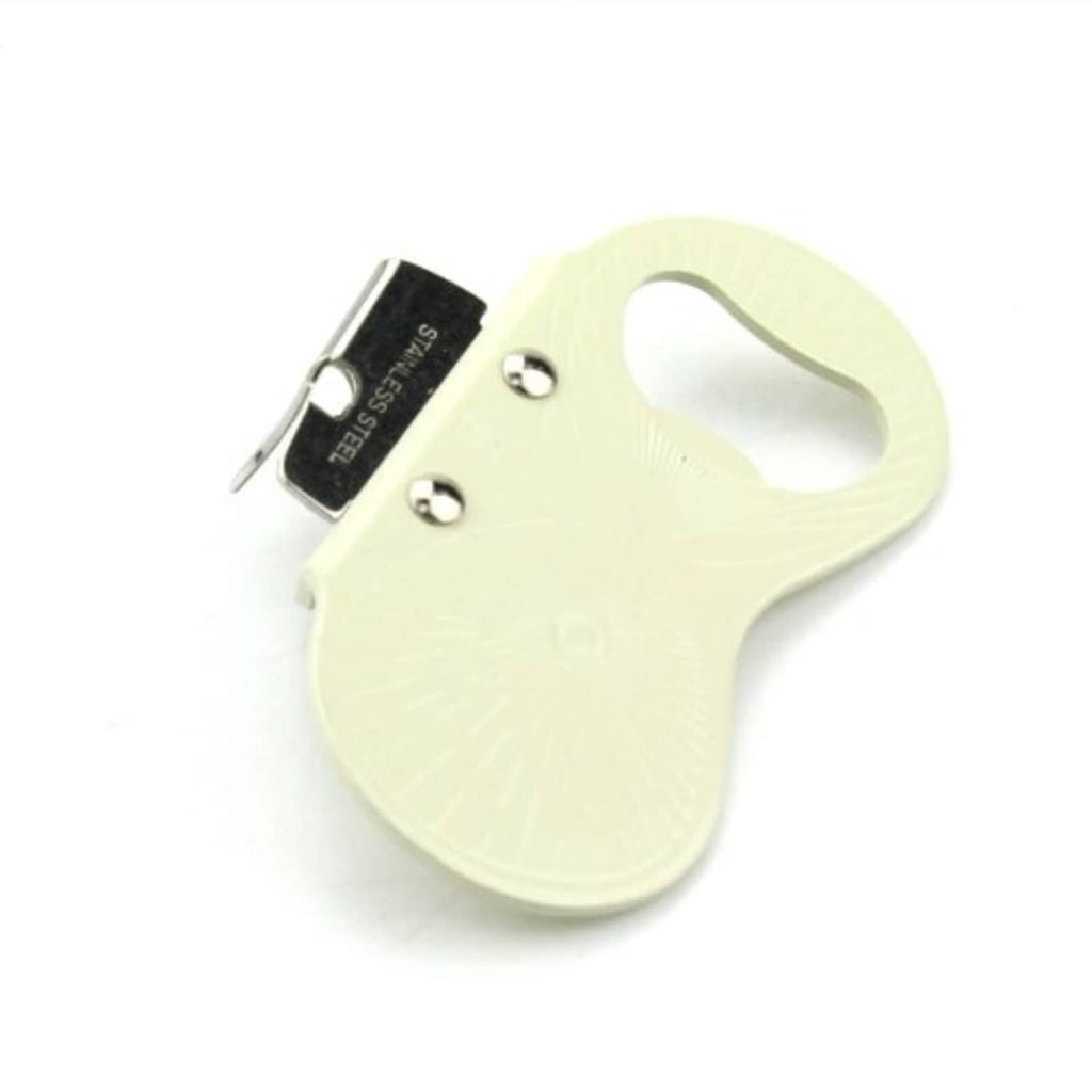 White plastic can opener body with stainless steel blade and finger grip