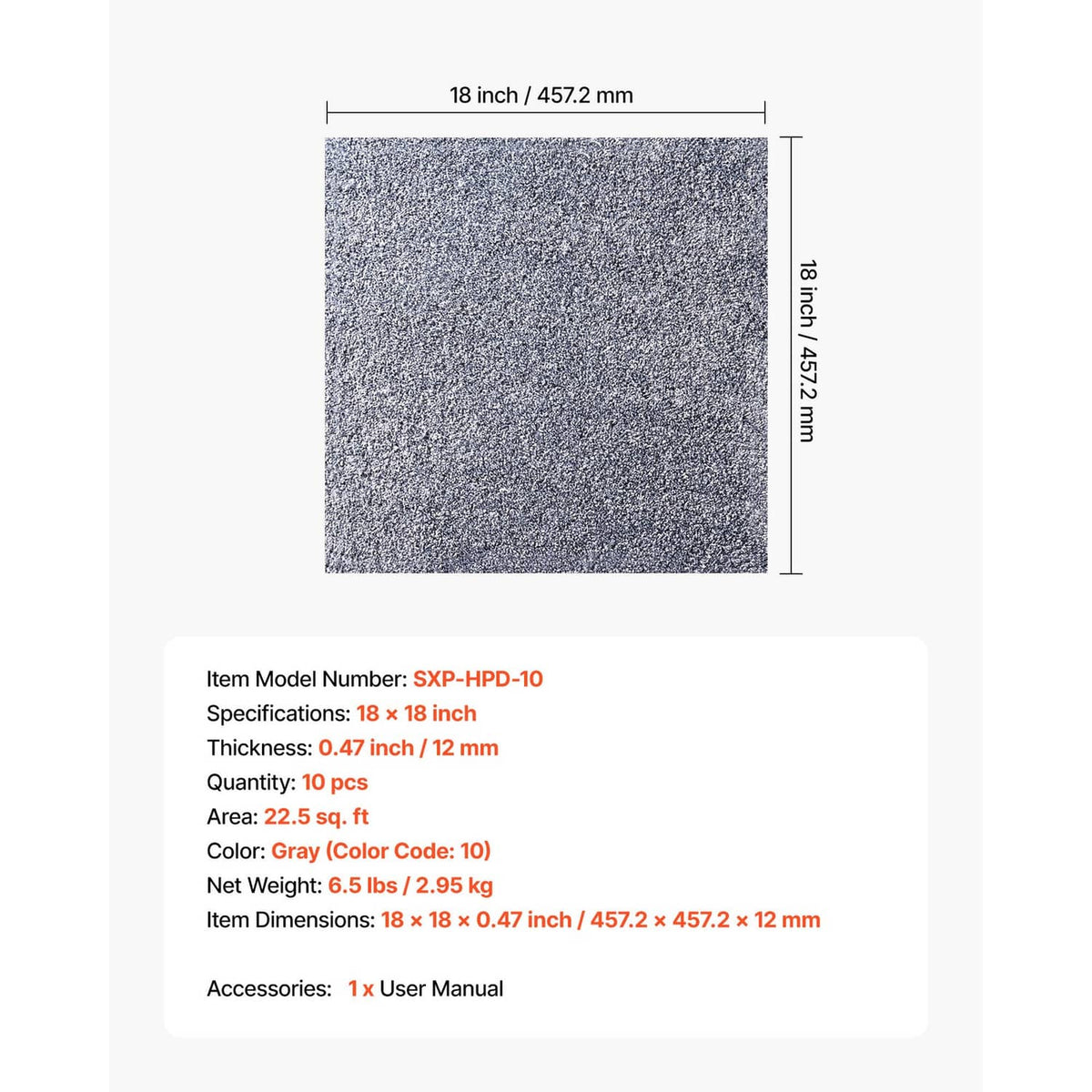 Gray speckled square carpet tile with measurement layout and thickness reference