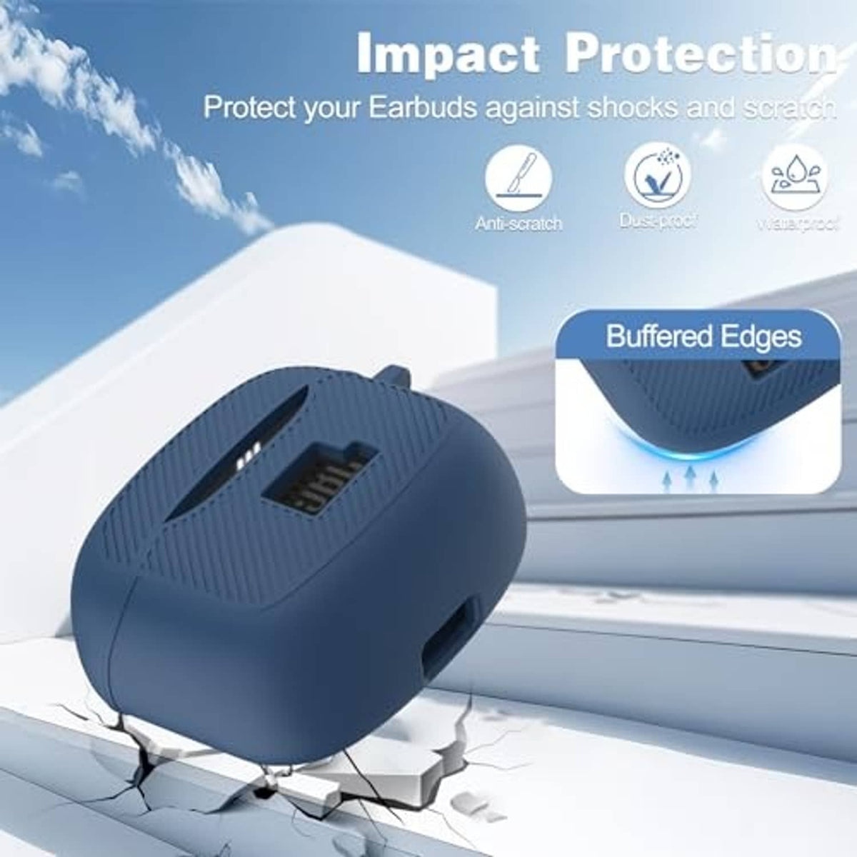 Dark blue silicone earbuds case cover with cushioned edges for shock protection