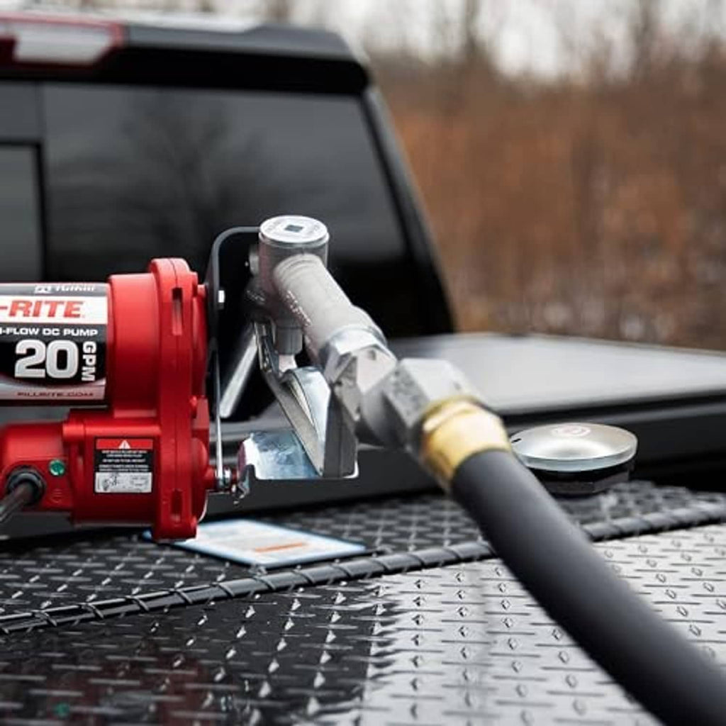 Silver vented diesel fuel cap mounted on truck bed deck