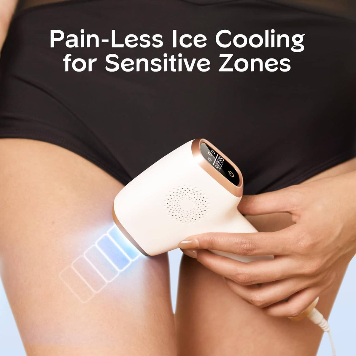 IPL hair removal device applying cooling care on upper thigh