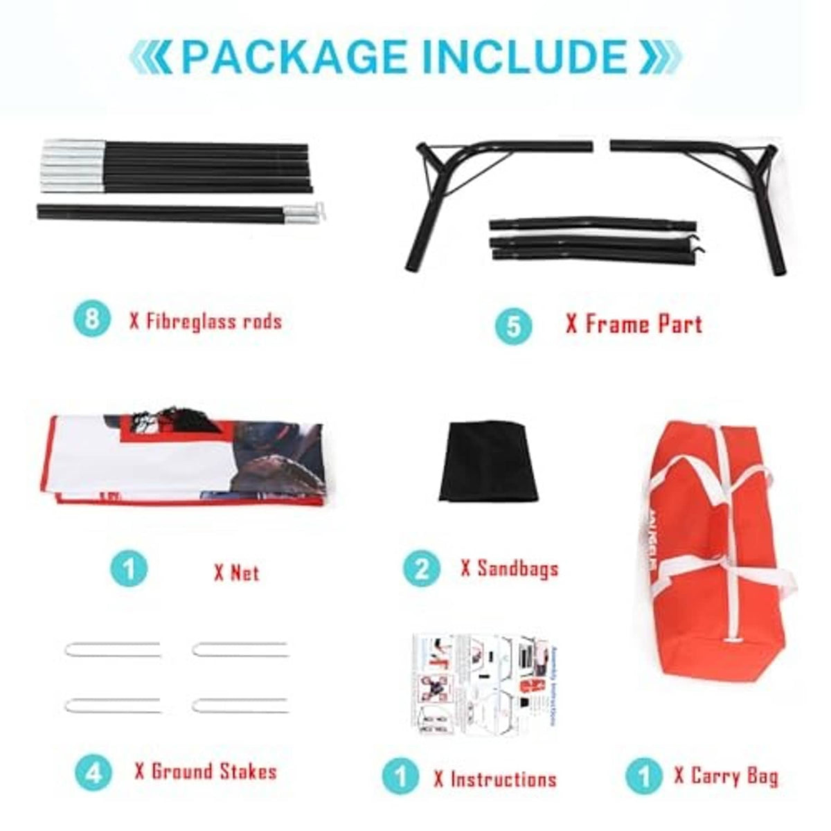 Baseball target net kit with net, frame parts, fiberglass rods, ground stakes, and carry bag