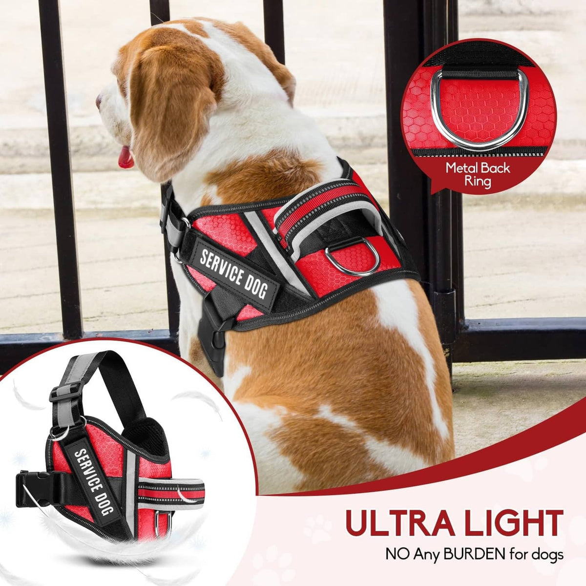 Red service dog vest harness with metal back ring and adjustable black straps