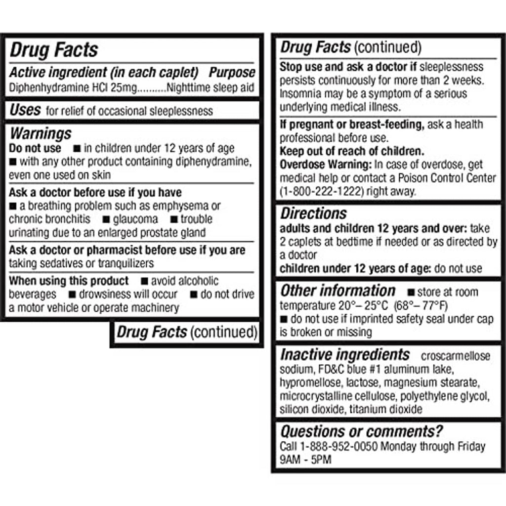 Drug Facts label panels for diphenhydramine HCl sleep aid caplets