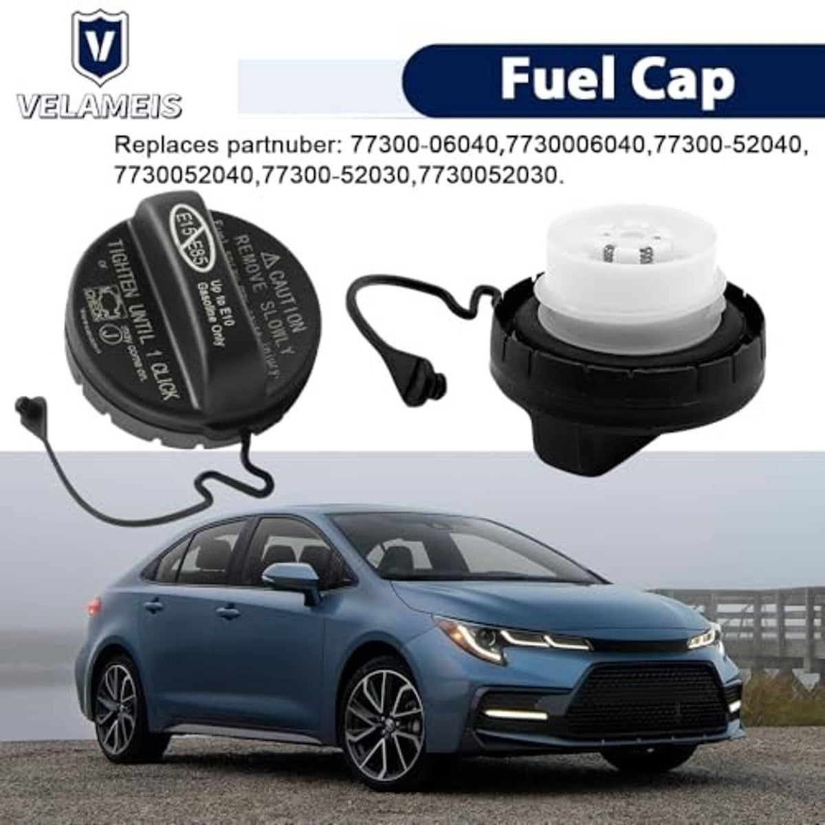 Black gas fuel cap with tether strap and separate white cap insert