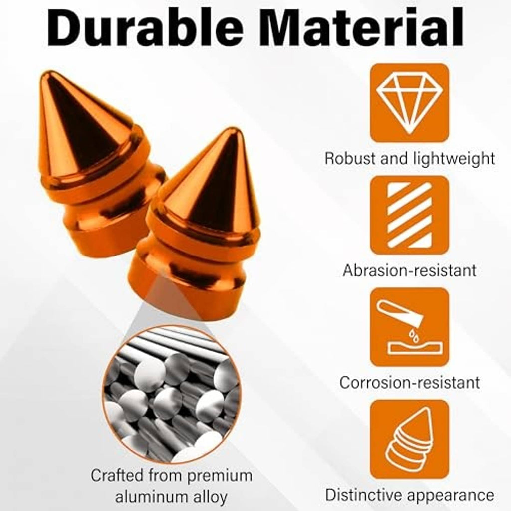 Orange spiked aluminum tire valve cap set, cone tips with threaded screw-in base