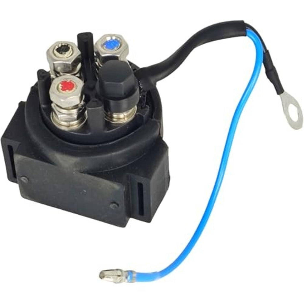 Compact black relay module with blue wire lead and metal terminal posts on base