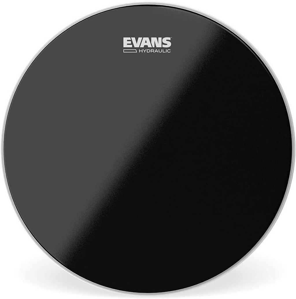 Black 14-inch EVANS Hydraulic drumhead, front view with EVANS logo